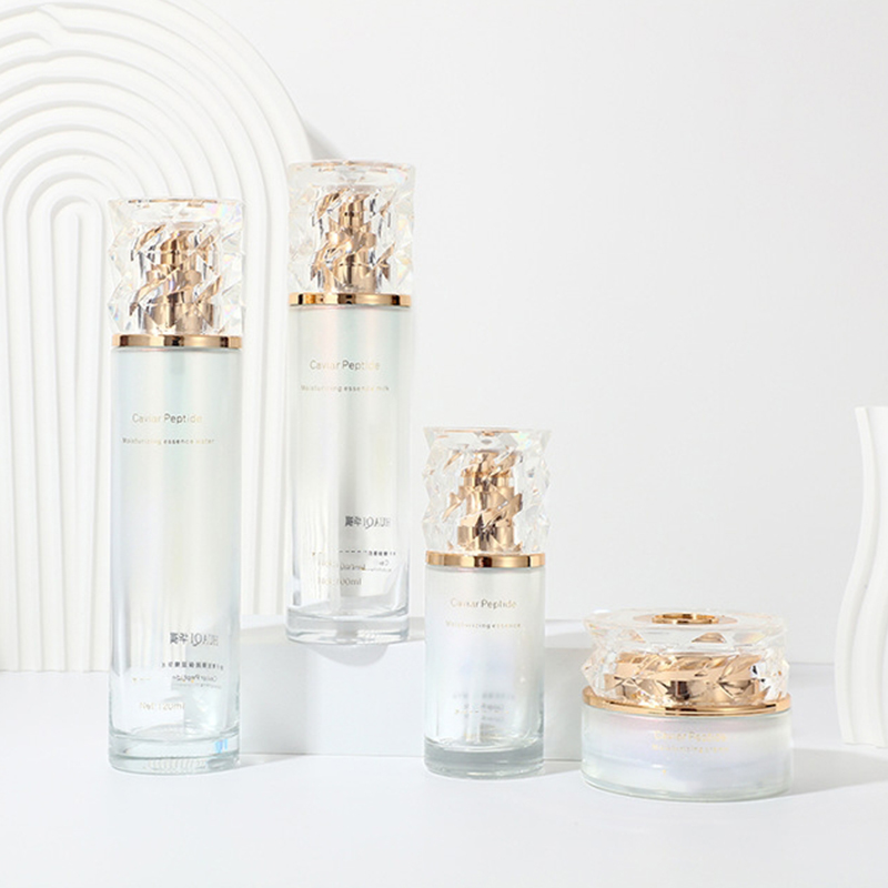 Farvet gradient kosmetisk emballagesæt trykt tom ansigtscremekrukke Hudplejeglaslotionflaske med pumpe